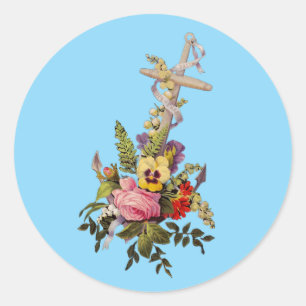 Kruis met bloemen in de vorm van een anker ronde sticker
