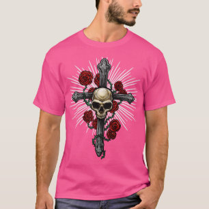 Kruis met schedel en rozen t-shirt