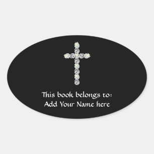 Kruis van zilver en witte rozen ovale sticker