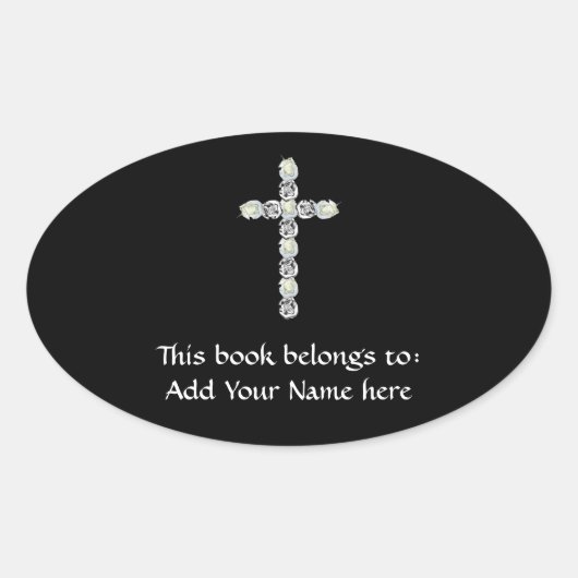 Kruis van zilver en witte rozen ovale sticker (Voorkant)