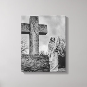 Kruisbeeld en engel in zwart en wit  canvas afdruk