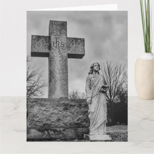 Kruisbeeld en engel in zwart en wit kaart