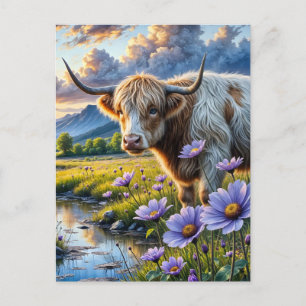 Kruising van Schotse Hooglander/Longhorn koe in bl Briefkaart