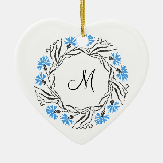 Kruissteek Kornflower Circle Monogram Initiaal Keramisch Ornament (Voorkant)