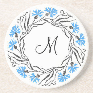 Kruissteek Kornflower Circle Monogram Initiaal Zandsteen Onderzetter