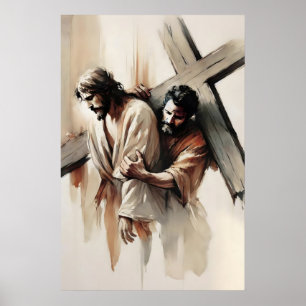 Kruiswegstaties Simon van Cyrene helpt Jezus Poster