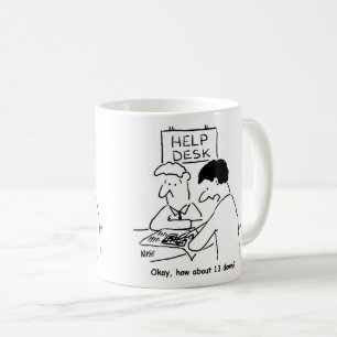 Kruiswoordeliefhebber vraagt bij een helpdesk koffiemok