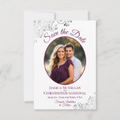 Krulig Zilver & Magenta op Witte Foto Bruiloft Save The Date (Voorkant)