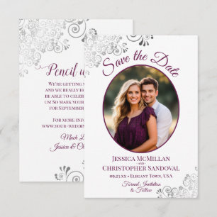 Krulig Zilver & Magenta op Witte Foto Bruiloft Save The Date