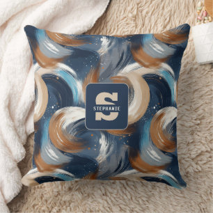 Krullend Abstracte penseelstreken in blauw, wit en Kussen