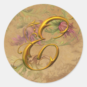 KRW  Bloemen Goud E Monogram Huwelijkszegel Ronde Sticker