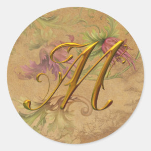 KRW  Bloemen Goud M Monogram Huwelijkszegel Ronde Sticker
