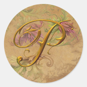 KRW  Bloemen Goud P Monogram Huwelijkszegel Ronde Sticker