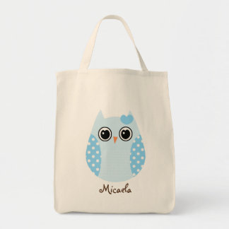 KRW Blue Polka Dot Owl Custom Name Canvas tas