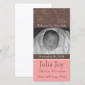 KRW Elegant rose Faire-part de naissance photo per (Devant / Derrière)