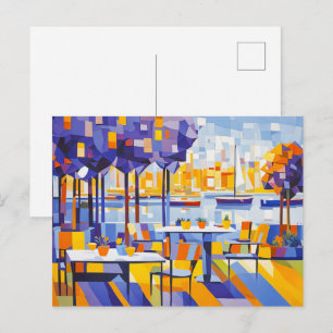 Kubistisch Buiten Café met Tafels Briefkaart