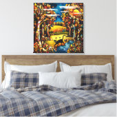 Kubistisch herfstbos met rivier en weide canvas afdruk (Insitu (Slaapkamer))