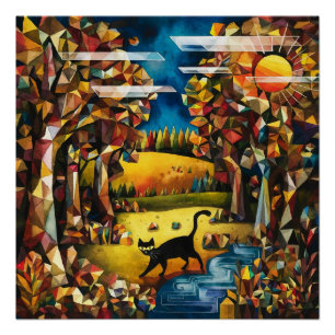 Kubistisch herfstbos met rivier en weide perfect poster