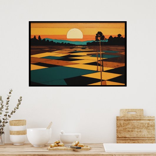 Kubistisch landschap Platte kleuren Velden Surreal Poster (Keuken)