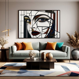 Kubistisch vrouwenportret glas-in-lood canvas afdruk