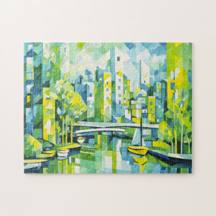 Kubistische Groene Stad met Brug Legpuzzel
