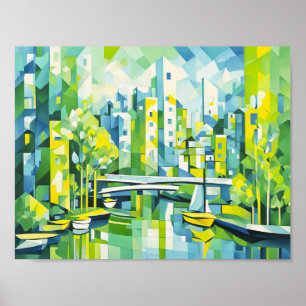 Kubistische Groene Stad met Brug Poster