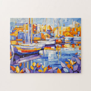 Kubistische marina met boten en weerspiegelingen legpuzzel