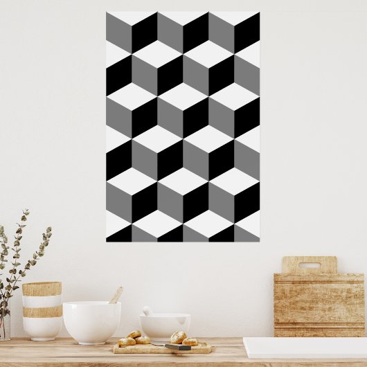 Kubuspatroonzwart wit en grijs poster (Keuken)