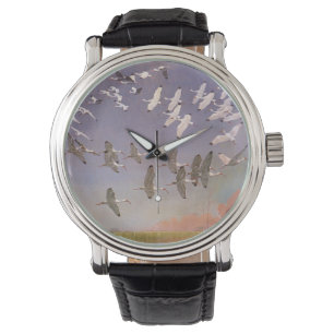 Kudde Ibissen die over wetlands vliegen, vintage v Horloge