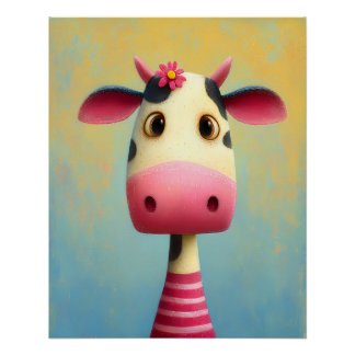 Kuh Portrait mit Blumen - rosa gestreift - Cartoon Perfect Poster