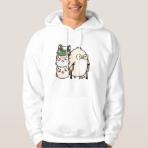 Kuiken met elleboogkrukken en katten stapel