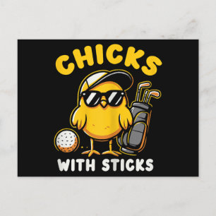 Kuikens met stokken Golfer Meisje Vrouw Golf Club  Briefkaart
