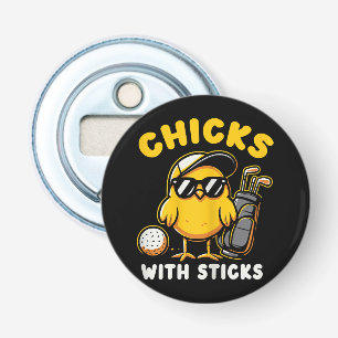 Kuikens met stokken Golfer Meisje Vrouw Golf Club Button Flesopener