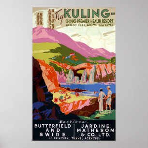  Kuling China Golfer and Landscape Travel Poster