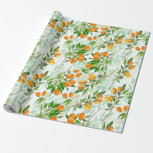 Kumquat Tropical Summer Fruit Pattern on Mint Cadeaupapier (Uitgerold)