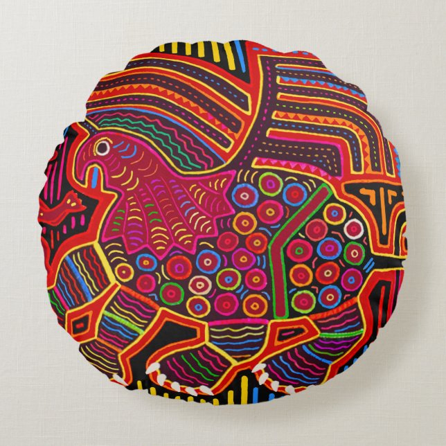Kuna Indian Friendly Dragon Mola Rond Kussen (Voorkant)