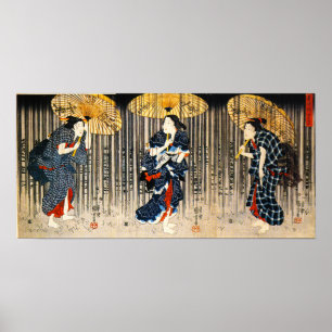 Kuniyoshi Trois Femmes Avec Poster Des Parapluies