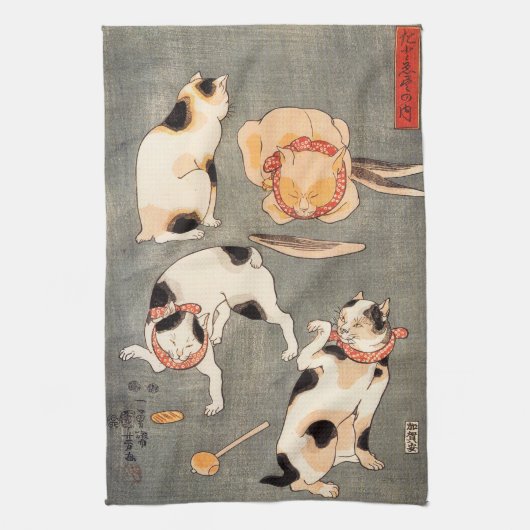 Kuniyoshi Vier katten Theedoek (Verticaal)