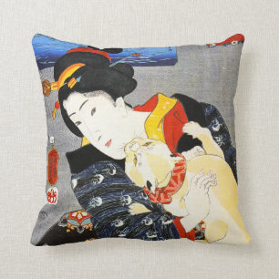 Kuniyoshi Woman met kat Pillow Kussen
