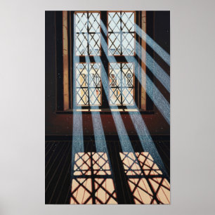 Kunst aan de muur. Licht door het raam. Poster