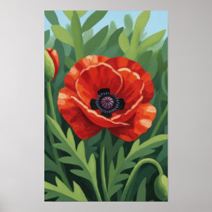 Kunst aan de muur. Rode bloem. Poster