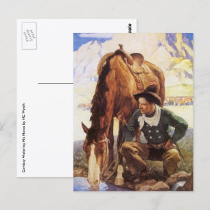 kunst, cowboy die zijn paard door NC Wyeth kijkt Briefkaart
