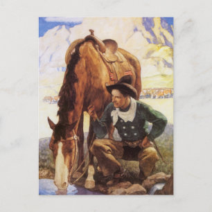  kunst, cowboy die zijn paard door NC Wyeth kijkt Briefkaart