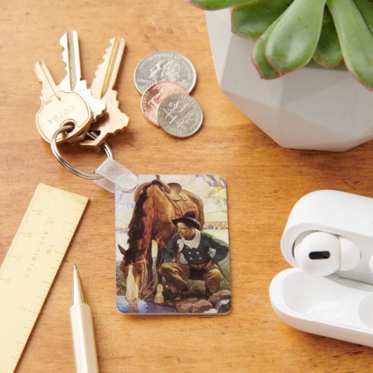 kunst, cowboy die zijn paard door NC Wyeth kijkt Sleutelhanger (Bureau)