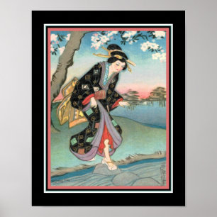 Kunst Deco "Geisha die een stroom oversteekt" van Poster
