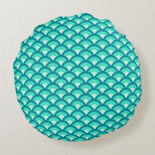 Kunst Deco-golfpatroon - schaduwen van turquoise Rond Kussen