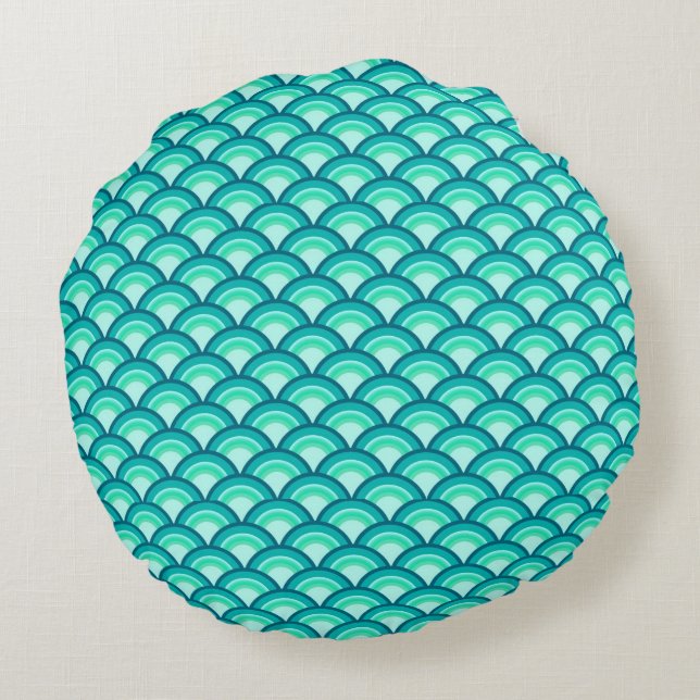 Kunst Deco-golfpatroon - schaduwen van turquoise Rond Kussen (Achterkant)
