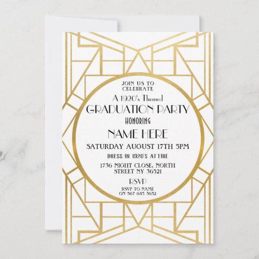 Kunst Deco Graduation Party Gatsby Gold Invite uit Kaart (Voorkant)
