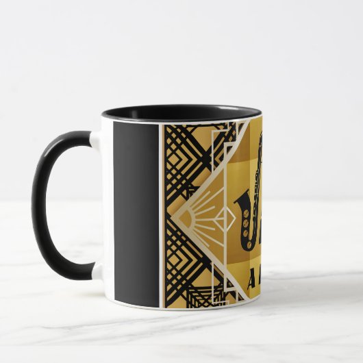 Kunst deco jazz saxophone zwarte goudmuziek mok (Links)