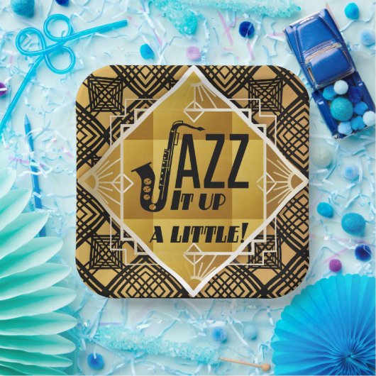 Kunst deco jazz saxophone zwarte goudmuziek papieren bordje (Feest)